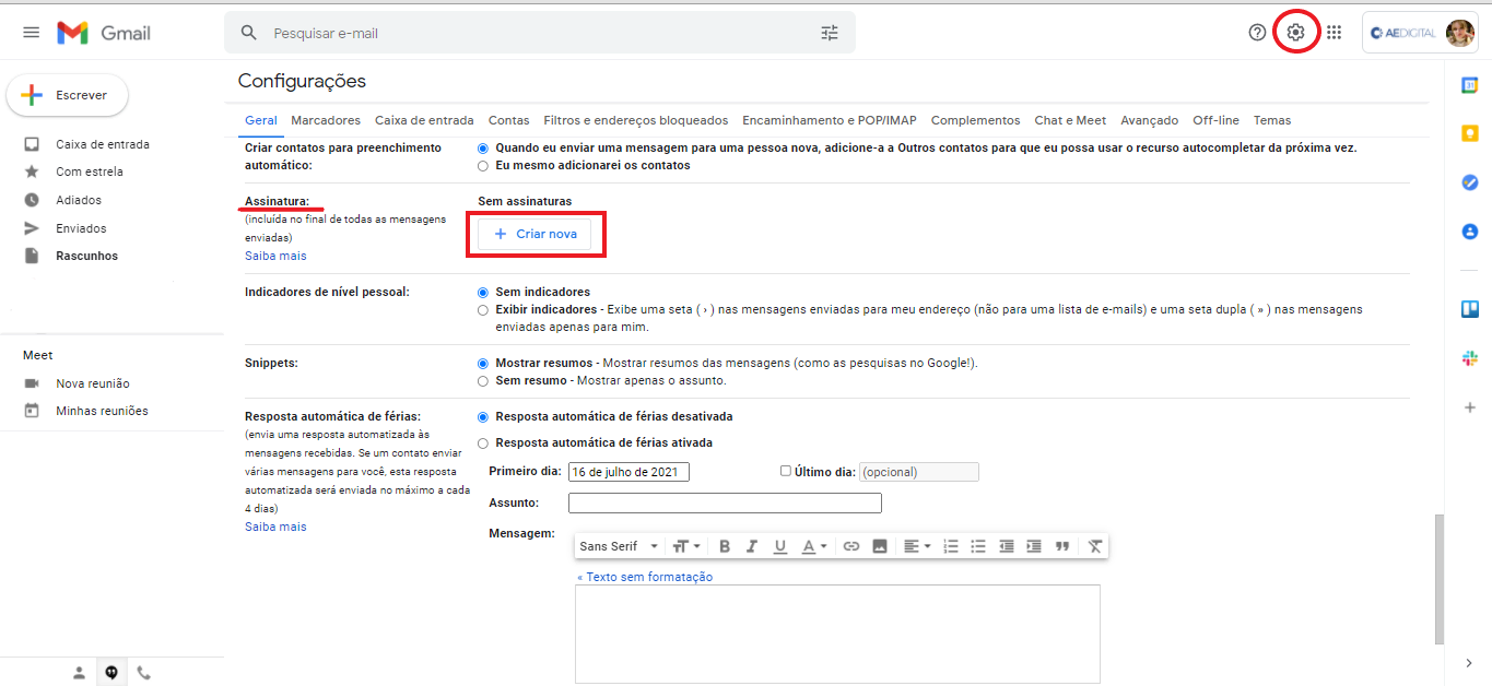 Assinatura no gmail: Configurações